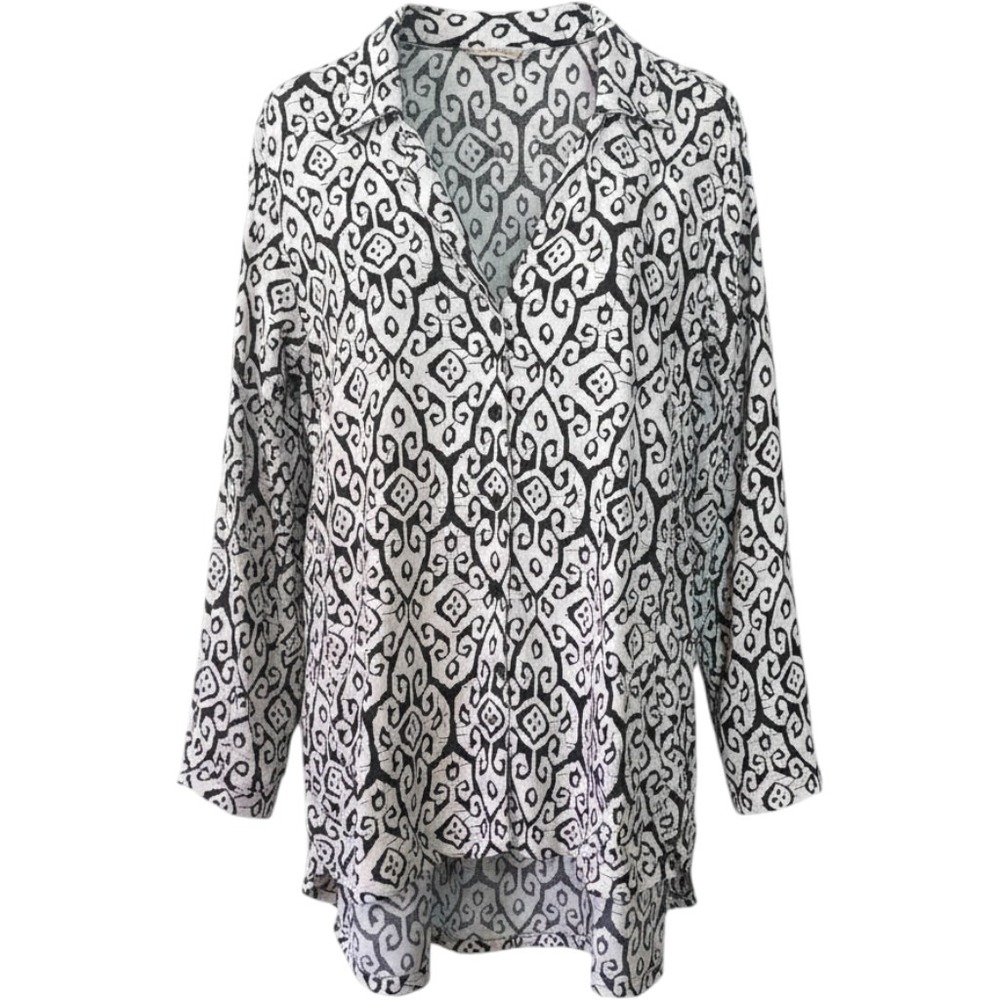 M Oversized Soft Surroundings Flowy B&W Batik Print Boho Women Blouse Lagenlook
